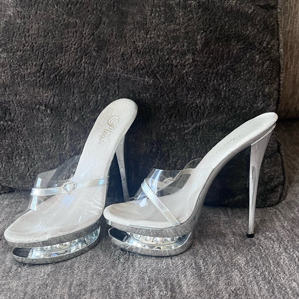 Very sexy clear top mules with silver sparkles